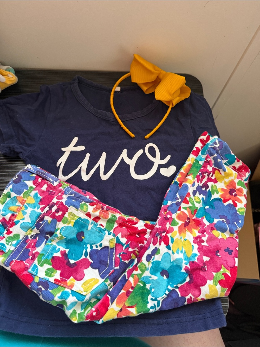 Navy Two Tee with Colorful Floral Pants and Yellow Bow Headband